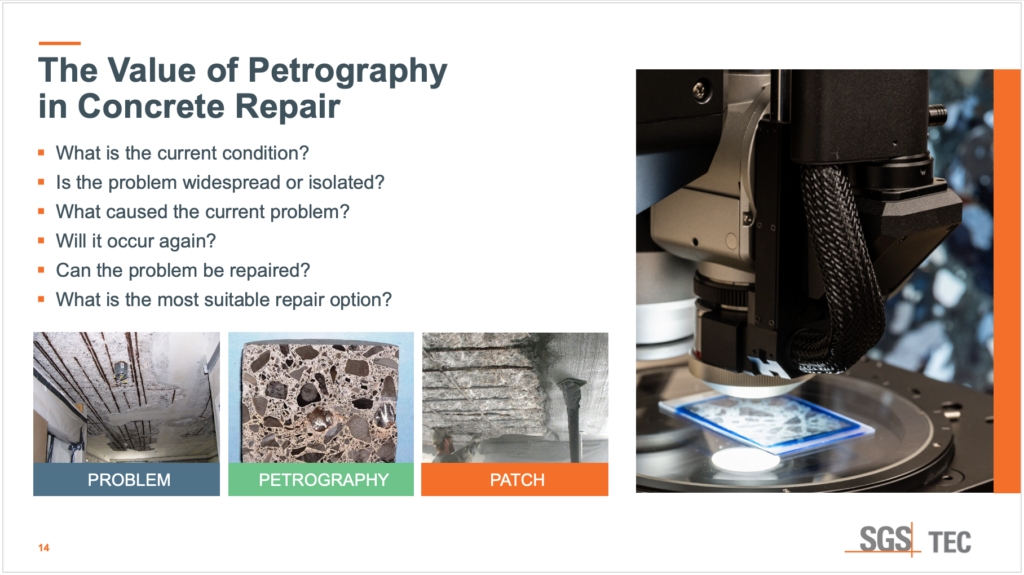 A slide extracted from SGS TEC Services presentation on the value of petrography in concrete repair.