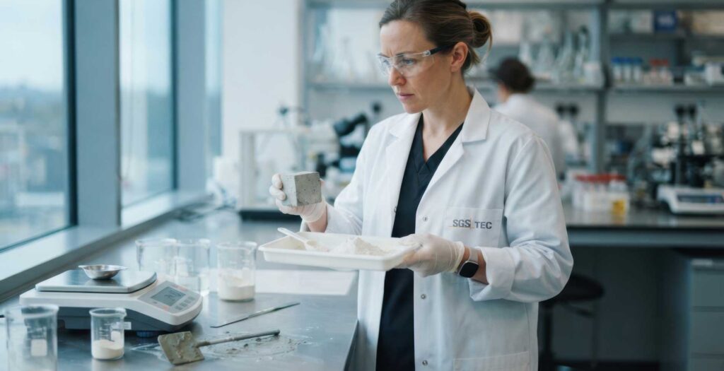 material scientist in SGS TEC lab with powdered admixture on a scale